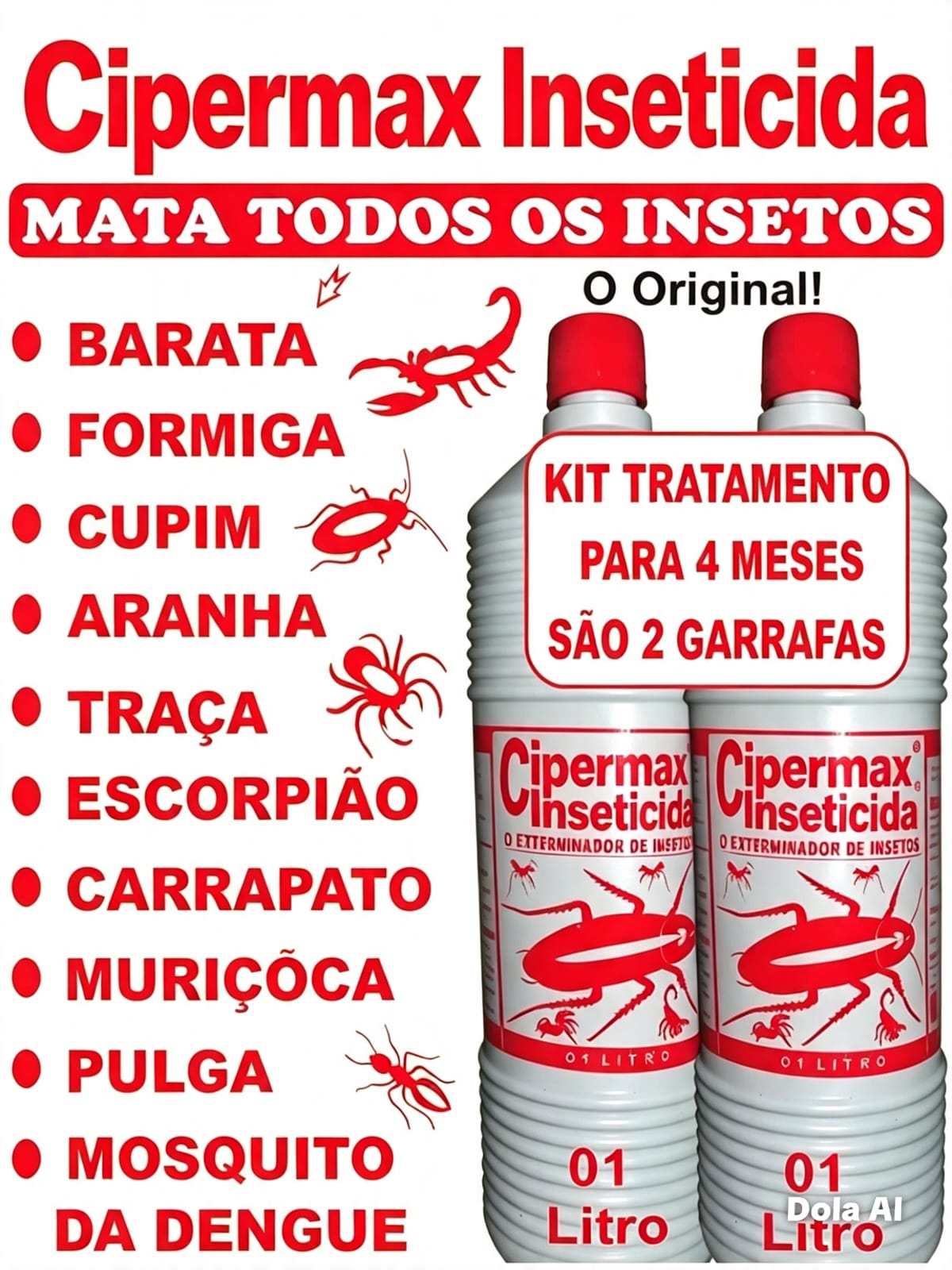Propaganda do Cipermax Inseticida com duas garrafas do produto, lista de insetos que mata e kit tratamento para 4 meses